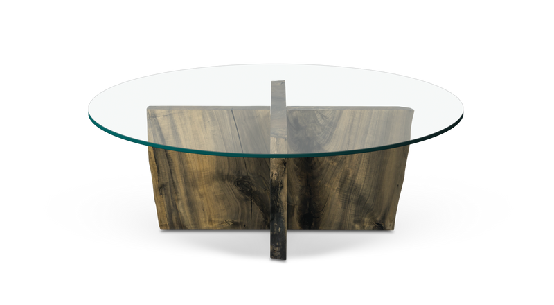 1208 Round Glass Coffee Table with 2-piece Maple Interlocking Base